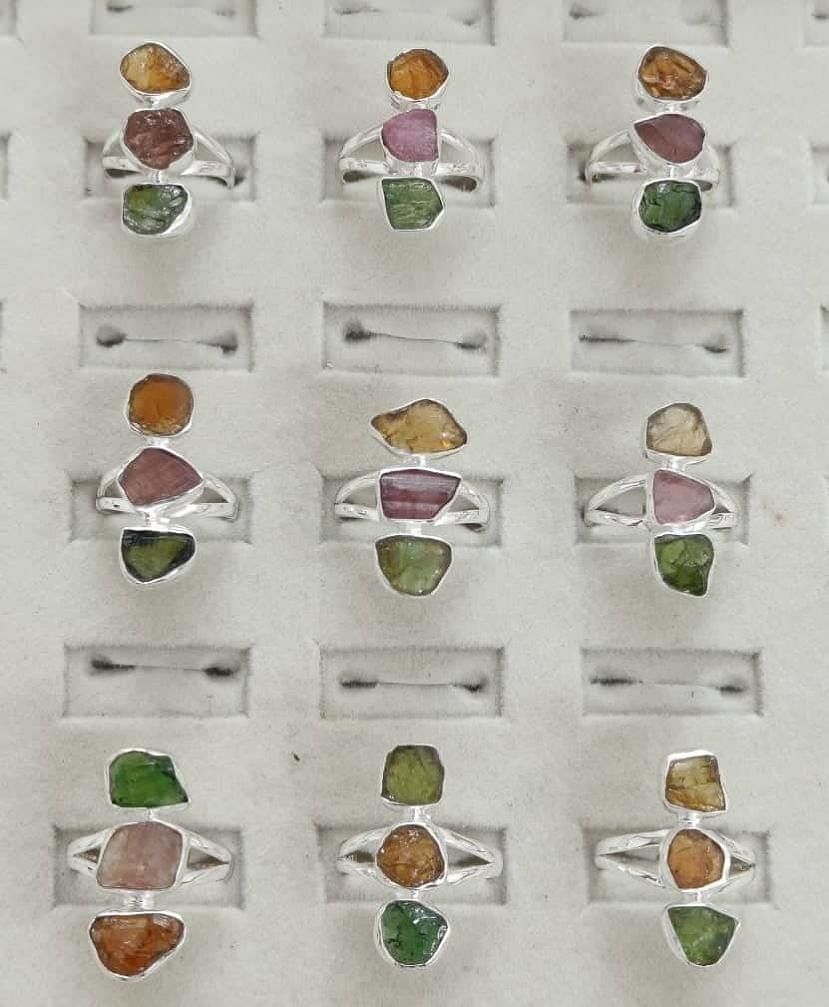 Wholesale lot of 9 natural multicolor tourmaline 925 silver ring (size 6-9) W408